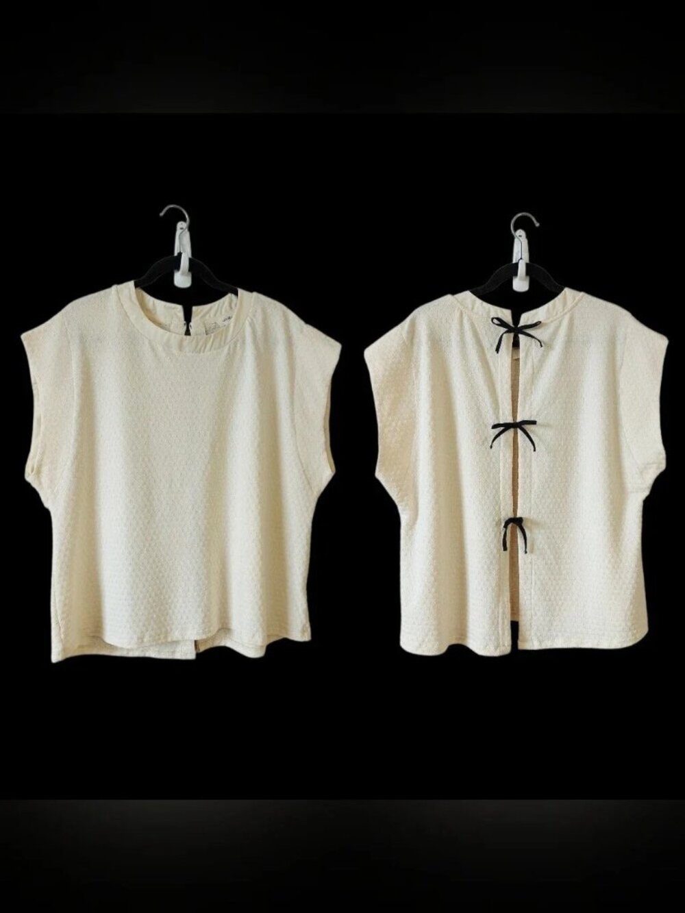 Umgee Cream Textured Cap-Sleeve Boxy Top Bretheable Stretch Open Bow Tie Back